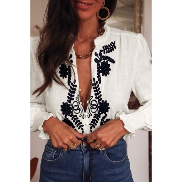 Tops - Floral Embroidered Shirred Sleeve Blouse